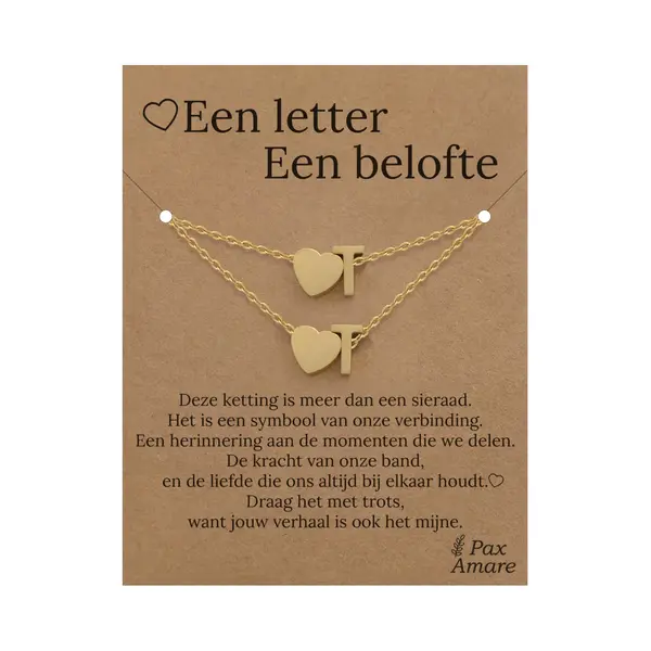 Letter T Ketting + Armband Set Op Cadeau Kaartje - Een Letter, Een Belofte - Goudkleurig Stainless Steel - Initiaal & Hartje Hanger - Pax Amare thumbnail