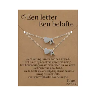 Letter A Ketting + Armband Set Op Cadeau Kaartje - Een Letter, Een Belofte - Zilverkleurig Stainless Steel - Initiaal & Hartje Hanger - Pax Amare