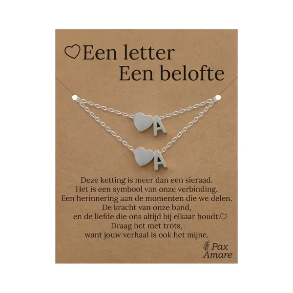 Letter A Ketting + Armband Set Op Cadeau Kaartje - Een Letter, Een Belofte - Zilverkleurig Stainless Steel - Initiaal & Hartje Hanger - Pax Amare thumbnail