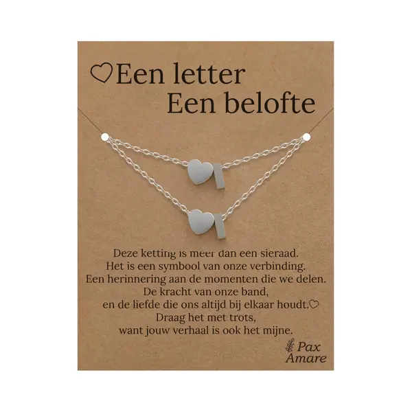 Letter I Ketting + Armband Set Op Cadeau Kaartje - Een Letter, Een Belofte - Zilverkleurig Stainless Steel - Initiaal & Hartje Hanger - Pax Amare thumbnail