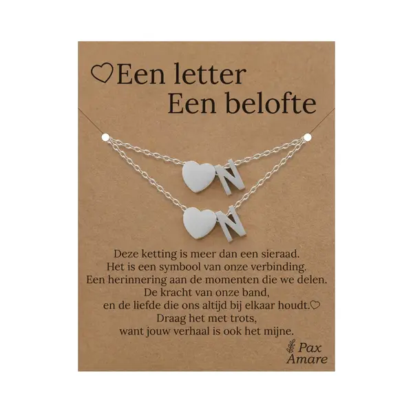 Letter N Ketting + Armband Set Op Cadeau Kaartje - Een Letter, Een Belofte - Zilverkleurig Stainless Steel - Initiaal & Hartje Hanger - Pax Amare thumbnail