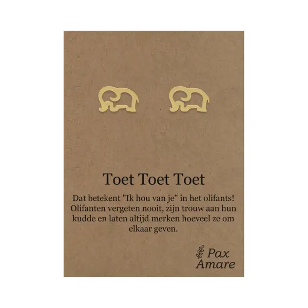 Stainless Steel Olifant Oorbellen Op Cadeau Kaartje - Toet Toe Toet - ± 10x10mm Oorknopjes Goudkleurig Roestvrij Staal - Pax Amare thumbnail