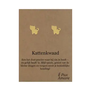 Stainless Steel Katje Oorbellen Op Cadeau Kaartje - Kattenkwaad - ± 10x10mm Oorknopjes Zilverkleurig Roestvrij Staal - Pax Amare