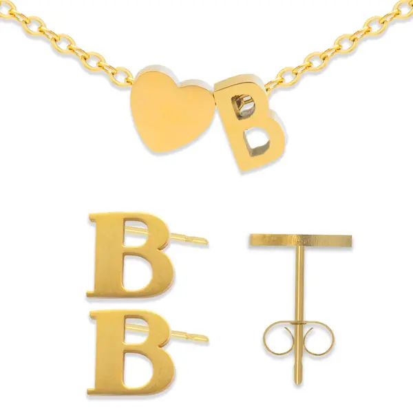 Initiaal Armband & Oorbellen Set Met Letter B Goudkleurig - Stainless Steel - Met Letter & Hartje! - 2x Sieraden Cadeau - Pax Amare thumbnail