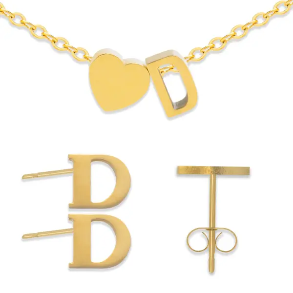 Initiaal Armband & Oorbellen Set Met Letter D Goudkleurig - Stainless Steel - Met Letter & Hartje! - 2x Sieraden Cadeau - Pax Amare thumbnail