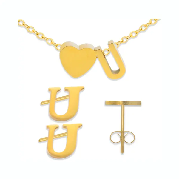 Initiaal Armband & Oorbellen Set Met Letter U Goudkleurig - Stainless Steel - Met Letter & Hartje! - 2x Sieraden Cadeau - Pax Amare thumbnail