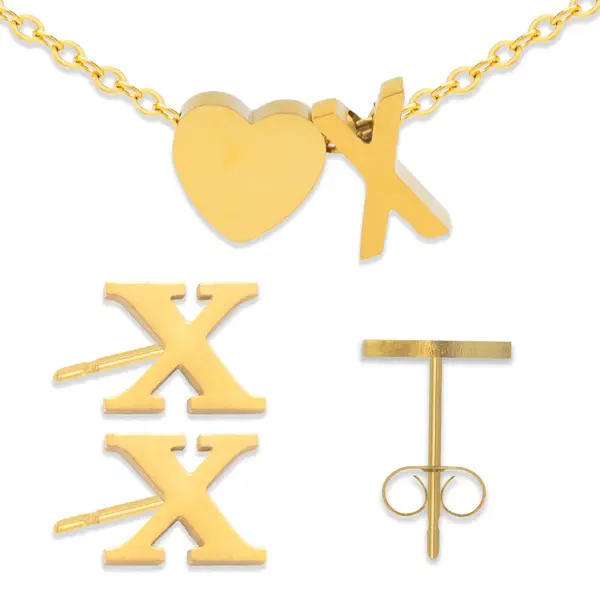 Initiaal Armband & Oorbellen Set Met Letter X Goudkleurig - Stainless Steel - Met Letter & Hartje! - 2x Sieraden Cadeau - Pax Amare thumbnail