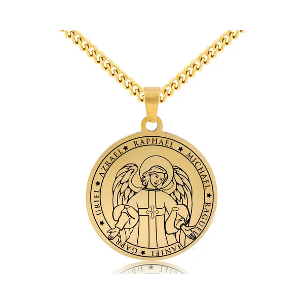 Pax Amare Beschermengel Rafaël Ketting Goudkleurig - Aartsengel Talisman / Medalion - Stainless Steel Engelen Hanger - 60cm thumbnail