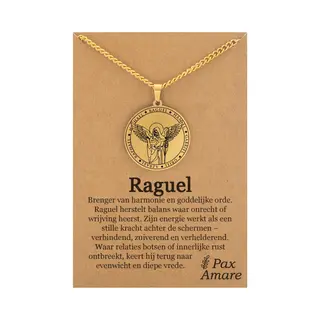Pax Amare Beschermengel Raguël Ketting Op Cadeau Kaartje - Goudkleurig - Aartsengel Talisman / Medalion - Stainless Steel Engelen Hanger - 60cm
