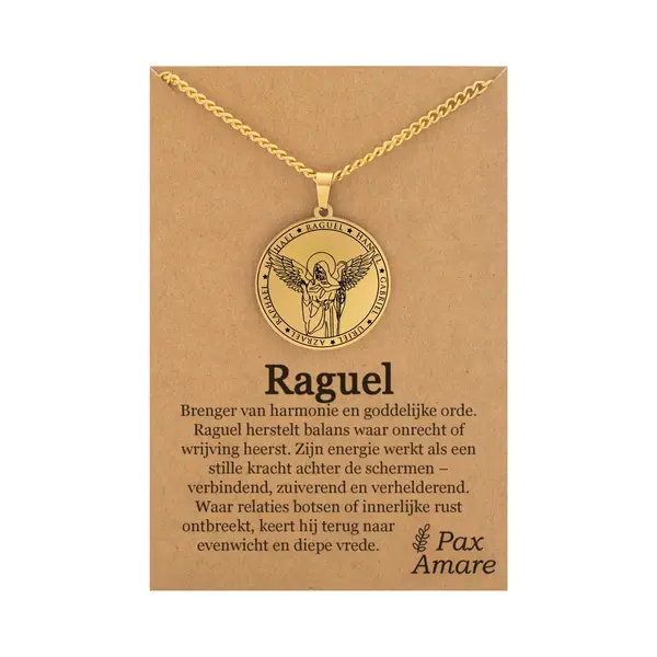 Pax Amare Beschermengel Raguël Ketting Op Cadeau Kaartje - Goudkleurig - Aartsengel Talisman / Medalion - Stainless Steel Engelen Hanger - 60cm thumbnail