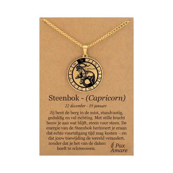 Sterrenbeeld Steenbok (Capricorn) Ketting Op Cadeau Kaartje - Goudkleurig - Roestvrij Staal Zodiac Talisman - Stainless Steel - 60cm - Pax Amare thumbnail