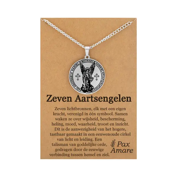 Pax Amare Aartsengelen Met Kruis Ketting Op Cadeau Kaartje - Zilverkleurig - Engelen Talisman / Medalion - Beschermengel - Engelen Hanger - 60cm thumbnail