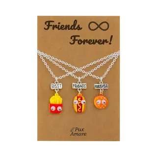 Pax Amare Bff Ketting Voor 3 ' Friends Forever' - Fast Food Friends - Vriendschapsketting Op Cadeau Kaartje - 45cm + 5cm Verstelbaar - Zilverkleurig - Best