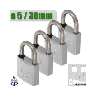 Amig Klein Gelijksluitend Hangslot 4 Stuks - Ø5mm / 30x52mm Sloten Set - Corrosiebestendig - Verchroomd Messing - Universele Beveiliging