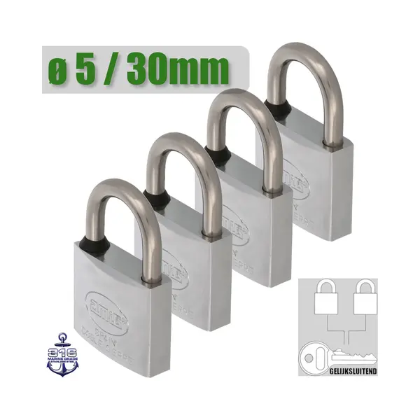Amig Klein Gelijksluitend Hangslot 4 Stuks - Ø5mm / 30x52mm Sloten Set - Corrosiebestendig - Verchroomd Messing - Universele Beveiliging thumbnail