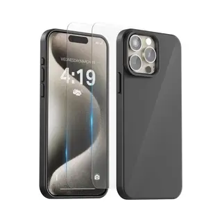 My Case Hoesje Geschikt Voor IPhone 15 Pro Max - 2x Screenprotector Tempered Glass - Anti Shock Silicone Case - Zwart