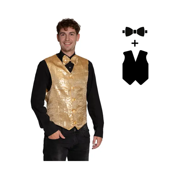 Partychimp Glitzer-Gilet Mit Fliege Für Herren, Karnevalsgilet Mit Pailletten – Gold, Silber, Rosa, Grün, Rot Oder Türkis – Größe S Bis 3XL thumbnail