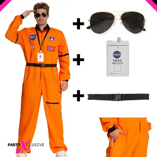 Partyxclusive 4-Delig Oranje Astronauten Kostuum Jumpsuit/ Riem/ Keycord Met Nasa Badge/Bril Kostuum Voor Heren Carnavalskleding Heren Carnaval -