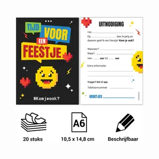 Kleurmedia Uitnodiging Kinderfeestje - Voordeelset 20 Stuks - Thema Emoji - Beschrijfbaar - Uitnodigingskaarten - Uitnodiging Verjaardag - Uitnodiging Verjaardag