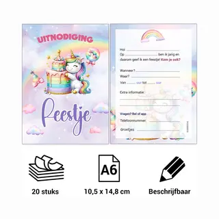 Kleurmedia Uitnodiging Kinderfeestje - Voordeelset 20 Stuks - Thema Unicorn - Beschrijfbaar - Uitnodigingskaarten - Uitnodiging Verjaardag - Uitnodiging