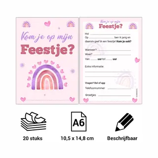 Kleurmedia Uitnodiging Kinderfeestje - Voordeelset 20 Stuks - Thema Roze Regenboog - Beschrijfbaar - Uitnodigingskaarten - Uitnodiging Verjaardag - Uitnodiging