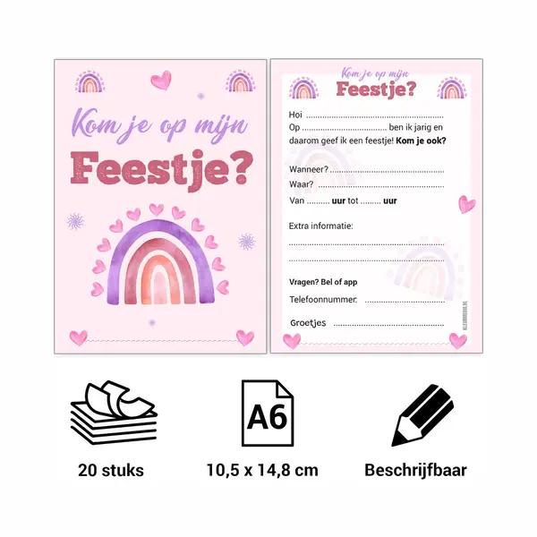Kleurmedia Uitnodiging Kinderfeestje - Voordeelset 20 Stuks - Thema Roze Regenboog - Beschrijfbaar - Uitnodigingskaarten - Uitnodiging Verjaardag - Uitnodiging thumbnail