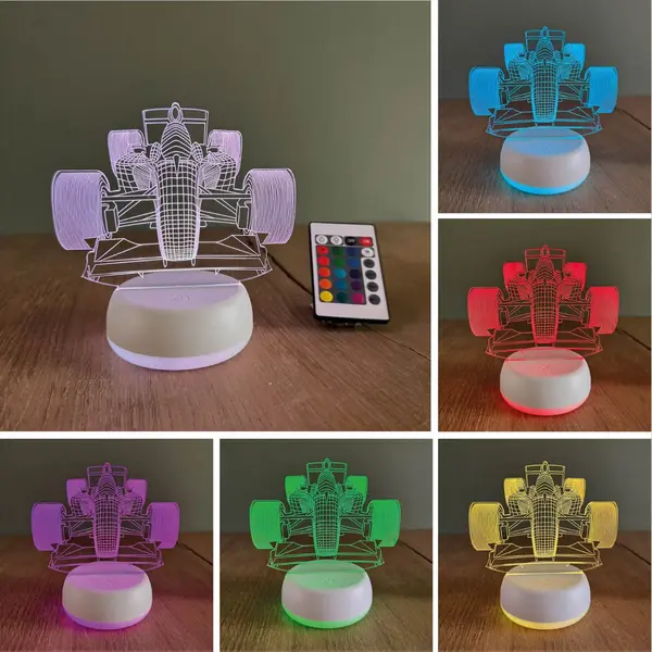 Klarigo® Nachtlamp – F1 - Design 2 - 3D Led Lamp Illusie – 16 Kleuren – Witte Base - Bureaulamp – F1 25 - Formule 1 Wagen - Max Verstappen - thumbnail