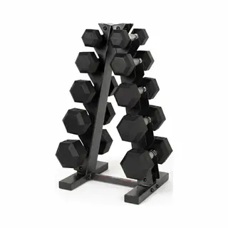 Ph Fitness Dumbbell Set Hexa Rubber 1 T/m 5 Kg (5 Paar) Met Verticaal Torenrek | Compact A-Frame Opbergsysteem | Ideaal Voor Homegym & Fitness