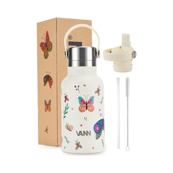 Vann 100% Rvs Kinderdrinkfles 2.0 - Met Rietje En Rvs Dop - Schoolbeker En Drinkfles Voor Kinderen In 1 - Butterfly thumbnail