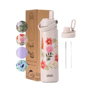 Vann® 3-Wandige Rvs Drinkfles 650 Ml Met Rietje Voor Volwassenen – Met 2 Doppen – Thermosfles – 12 Uur Warm/24 Uur Koud – Bloemen Fles –