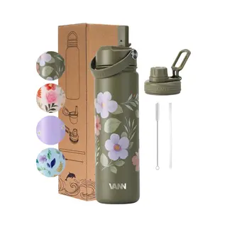 Vann® 3-Wandige Rvs Drinkfles 650 Ml Met Rietje Voor Volwassenen – Met 2 Doppen – Thermosfles – 12 Uur Warm/24 Uur Koud – Bloemen Fles –