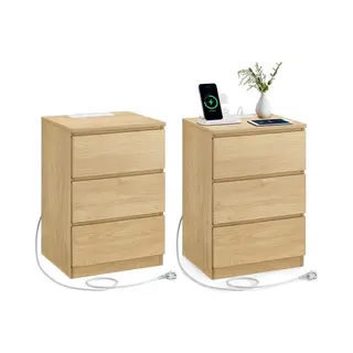 Homesy Nachtkastje Set Van 2 - Slaapkamer - Modern - Ebbenhout Strogeel - 3 Lades - Met Stopcontact