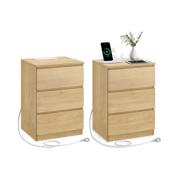 Homesy Nachtkastje Set Van 2 - Slaapkamer - Modern - Ebbenhout Strogeel - 3 Lades - Met Stopcontact thumbnail