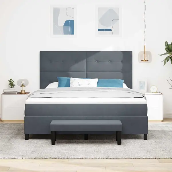 Vidaxl Boxspringbett Mit Matratze Und Bank Dunkelgrau 180x200 Cm Samt thumbnail