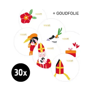 30x Zoettt Sint En Piet Cartoon Naametiketten - Wit/goudfolie - 6 Designs - 50 Mm - Naametiketten - Sinterklaas Etiketten - Sinterklaas - Pakjesavond