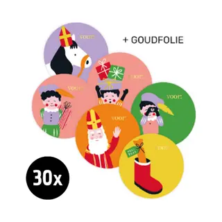 30x Zoettt Sint En Piet Cartoon Naametiketten - Kleur/goudfolie - 6 Designs - 50 Mm - Naametiketten - Sinterklaas Etiketten - Sinterklaas -