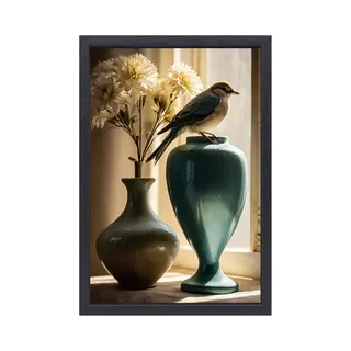 Elegante Vogel Op Blauwe Vaas - Stilleven Canvas Schilderijen - Schilderijen Vogel - Realistische Kunst - Wanddecoratie Met Baklijst - Inrichting