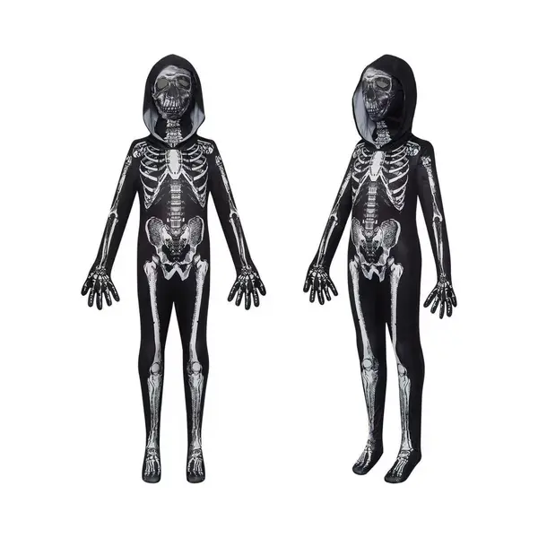 Joyakids Joya Kids® Verkleedpak Skelet | Halloween Kostuum Kind & Volwassene | Stretch Jumpsuit Met Capuchon & Masker | Verkleedkleding Met Sokken & thumbnail