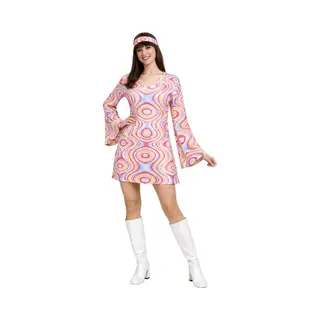 Joya Party® Hippie Verkleedjurk Dames Roze Gekleurde Print | Jaren 60/70 Flower Power Kostuum | Inclusief Haarband | Verkleedkleding Bloemen