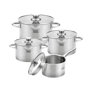 Savoré Kitchen 8-delige Pannenset - Rvs Kookpannen Met Glazen Deksel - Inductie Pannen - Afgietrand, Maatverdeling En Schenktuit