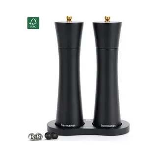 Peper En Zoutmolen Set Handmatig Acaciahout Bali Zwart Hermanos® - Peper- & Zoutstel - 22 Cm - Verwisselbare Knoppen Zwart, Zilver En Goud -