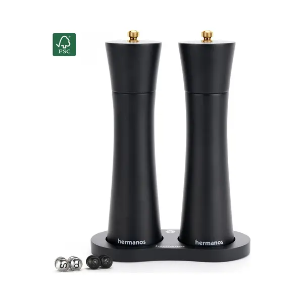 Peper En Zoutmolen Set Handmatig Acaciahout Bali Zwart Hermanos® - Peper- & Zoutstel - 22 Cm - Verwisselbare Knoppen Zwart, Zilver En Goud - thumbnail