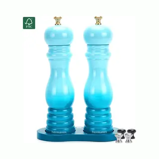 Peper En Zoutmolen Set Handmatig Blauw Acaciahout Hermanos® - 22 Cm - Peper- & Zoutstel - Verwisselbare Knoppen Zwart, Zilver En Goud - Instelbare
