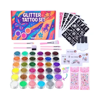 Sminty® Glitter Tattoo Set – Glow In The Dark – 36 Kleuren – Sjablonen & Penselen – Diamanten Stickers – Voor Kinderen – Waterdicht &