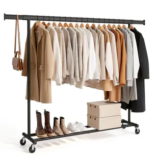 Kledingrek Op Wieltjes - Opbergplank - Extra Brede Kledingstang - Zwart - Bodo