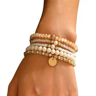 Fashion Jewelry Bohemian Armbanden Set Van 5 – Goud, Wit En Beige – Handgemaakte Wikkelarmbanden Voor Dames & Vrouwen – Kleurrijke Kralenarmbanden, Elastisch &