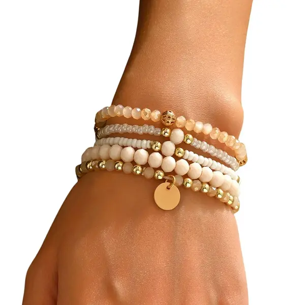 Fashion Jewelry Bohemian Armbanden Set Van 5 – Goud, Wit En Beige – Handgemaakte Wikkelarmbanden Voor Dames & Vrouwen – Kleurrijke Kralenarmbanden, Elastisch & thumbnail