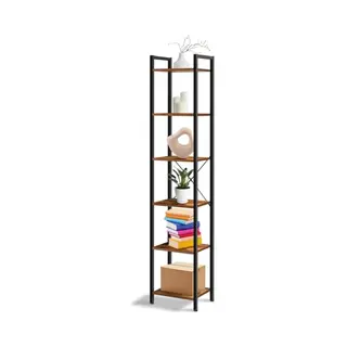 IvoQ Industrielles Bücherregal – Schmales Offenes Regal Mit 6 Ablagen – 187 Cm Hoch – Metall & Holz – Rustikal Braun – Bücherregal,
