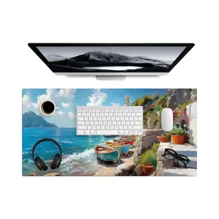 Bureau Onderlegger 80x40 Cm - Muismat Boten - Rotsen - Zee - Zon - Bureaumat - Mousepad Xxl - Bureau Mat - Muismatten Groot - Desk Organizer -