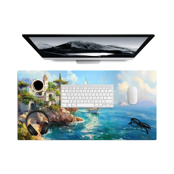 Bureau Onderlegger 80x40 Cm - Muismat Zeilboot - Rotsen - Kust - Huizen - Bureaumat - Mousepad Xxl - Bureau Mat - Muismatten Groot - Desk Organizer - thumbnail